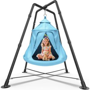 Swing Set with Tent Swing, Hanging Tree Tent w/Swing Frame, X-Shaped Swing Stand with Tent Swing, Tent Swing Chair, 330 lbs, w/Rainbow Lights String, Indoor Outdoor Use (Light Blue)