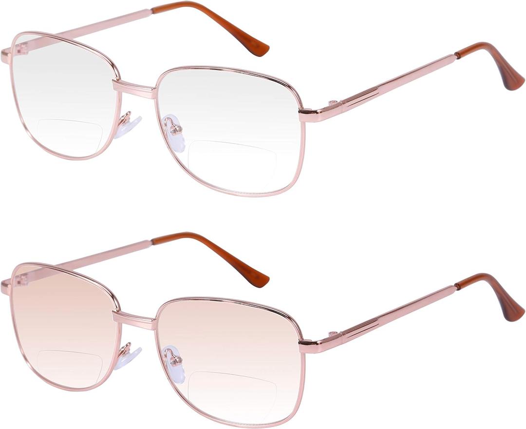 Fullwosing 2 Pairs Bifocal Reading Glasses +2.00 Mens Womens Readers Eyewear Light Metal Frame Far and Near Dual-Use Eyeglasses