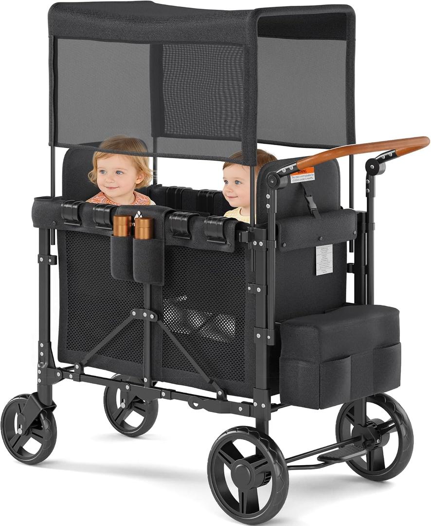 Wagon Stroller Outdoor for 2 Kids - Double Toddlers Stroller with Canopy & Removable Seat Pads, 2 Seater Push Pull Wagon One-Hand Fold, Shock-Absorbent Wheels & Safety Harness, Black