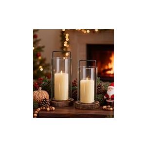 Houmury Set of 2 Hurricane Candle Holders Lantern 12” & 10”with Wood Base Metal Handle Glass Cylinder Modern Farmhouse Decor for Home Decoration, Table Centerpieces (Warm Amber Brown)