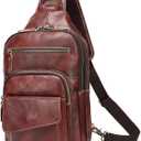 LANNSYNE Full Grain Leather Casual Sling Bag For Men Hiking/Travel/Business Crossbody Chest Bag Fits 12.9" iPad