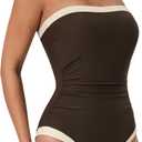 SUUKSESS Women One Piece Tummy Control Swimsuit Strapless Bandeau Bathing Suit (Large, Brown)