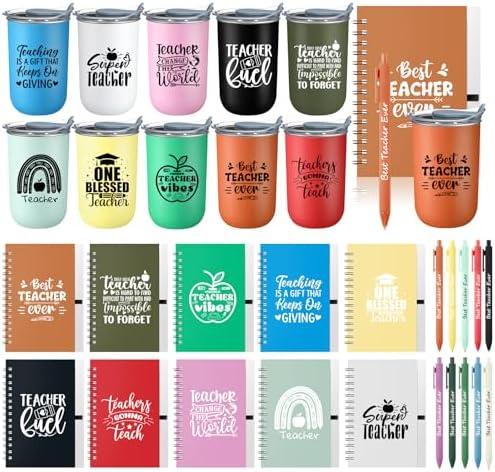 Singhoow 10 Sets Teacher Appreciation Gift Set 10oz Stainless Steel Coffee Cups Spiral Notebooks Ballpoint Pens Bulk Thank You Gifts for Teachers Graduation End of Year Gifts (Classic)