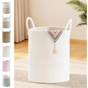 Tall Laundry Basket with Handles, 53L Portable Dirty Clothes Hamper, Boho Cotton Rope Storage Bin for Blankets Kids Toys Gifts, Decorative Organizer for Baby Nursery Bedroom Bathroom, White