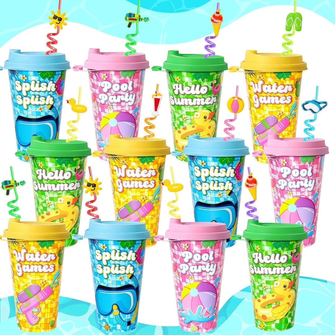 24 Pack Pool Summer Party Favors Cups with Straws and Lids, Reusable Plastic Summer Cups for Kids, Hawaiian Luau Beach Birthday Themed Drinkware Decorations Supplies, Large