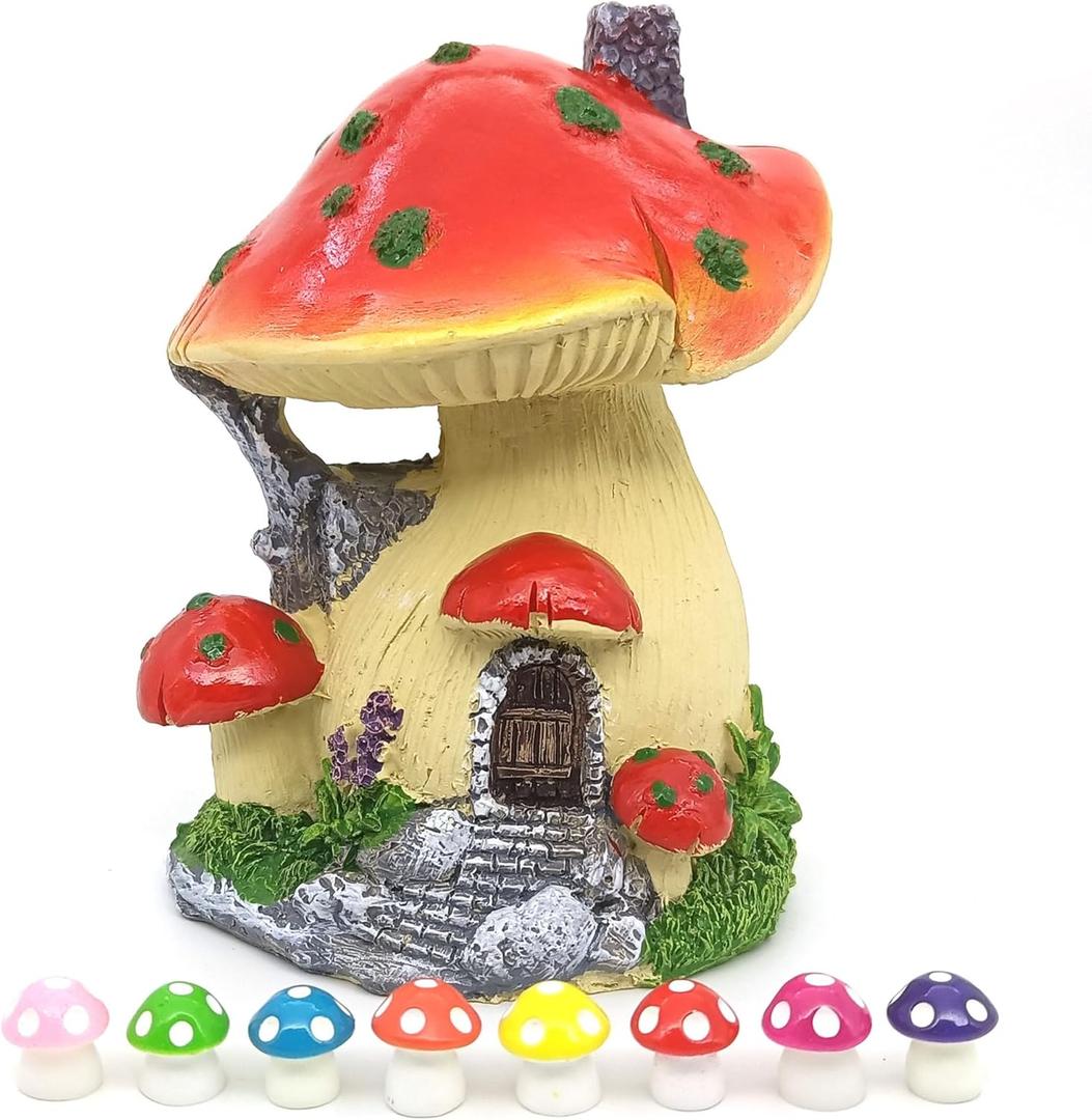 Fairy Garden House, Resin Miniature Mini Mushroom House and Tiny Mushrooms Figurines (Red)