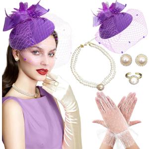 BACH AND BOUJEE Purple Tea Party Hats for Women Lace Gloves Fascinators Hats with Veil Feather Purple Vintage Tea Party Accessories Women Necklace Earrings Set 20s Wedding Accessories (Purple)