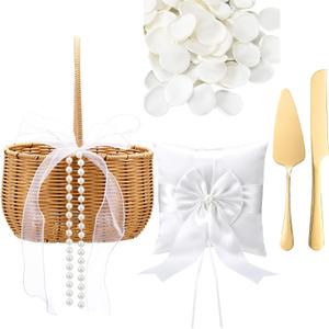 4 Pack Wicker Flower Girl Basket with Ring Bearer Pillow, 300 Pcs Silk Petals and Gold Cake Cuttings Flower Basket with Pearl and Bow Wedding Essentials Bundle Set for Ceremony Bridal Shower