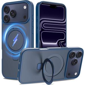 Ultra-Magnetic Stand for iPhone 17 Pro Max Case [Military Drop Protection] [Compatible with MagSafe] Shockproof Translucent Matte Slim Ring Holder Case for iPhone 17 Pro Max (Blue)