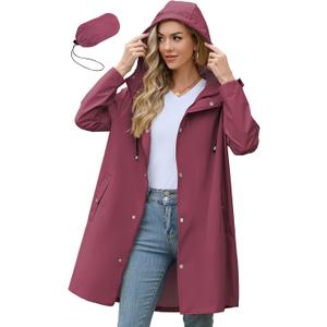 Zando Long Packable Rain Jacket Women Waterproof - Raincoat for Women Rain Coat with Hood Lightweight Outdoor Windbreaker (Medium, Wine Red)