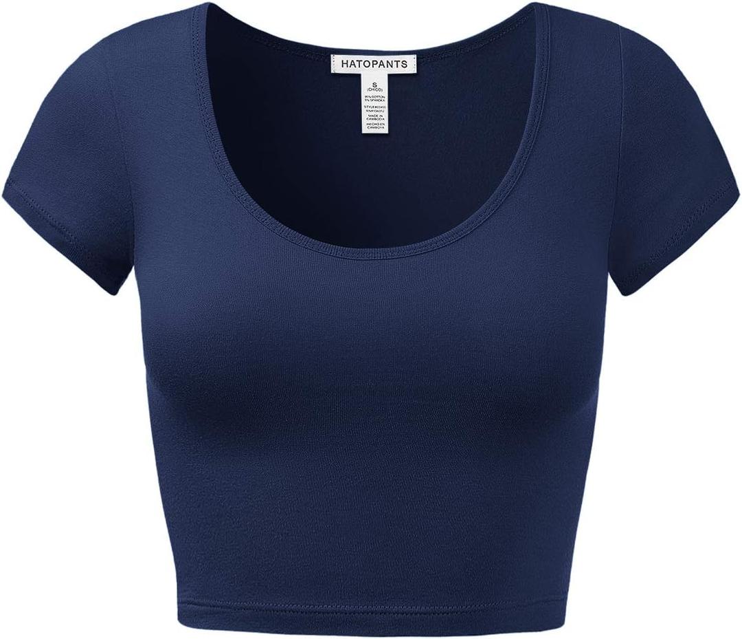 Women's Cotton Crop Tops Short Sleeve Scoop Neck Stretchy Casual Shirt (Large, 011-navy-1)