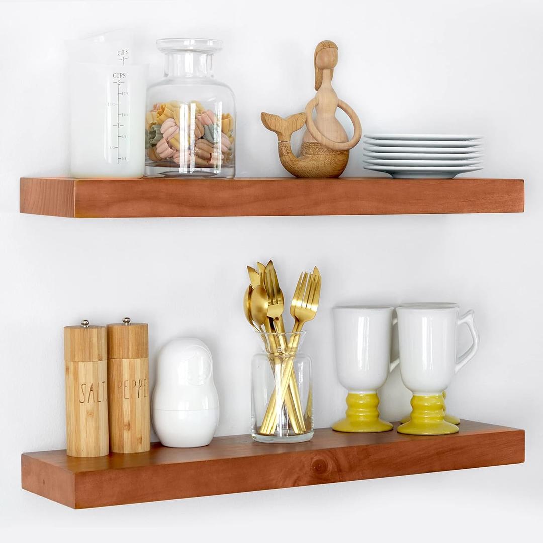 Homeforia 24inch Oak Floating Shelf for Wall, High End Solid Real Wood 24 inches Long Floating Shelves for Bathroom, Honey Oak Wooden Floating Shelves, Heavy Duty Bracket, 24 X 6.5 X 1.75 in, Set of 2 (Honey Oak - Warm Amber Tone) Homeforia 24inch Oak Floating Shelf for Wall, High End Solid Real Wood 24 inches Long Floating Shelves for Bathroom, Honey Oak Wooden Floating Shelves, Heavy Duty Bracket, 24 X 6.5 X 1.75 in, Set of 2 (Honey Oak - Warm Amber Tone)