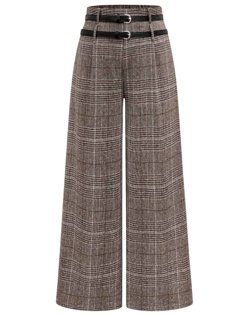SOLY HUX Women's Plus Size Dress Pants Plaid Wide Leg High Waisted Work Office Tailored Pants with Belt, Size 3XL