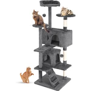 FDW | 54" Cat Tree Tower | Light Gray | Multi-Level Indoor Activity Center with Sisal Scratching Posts, Condos, Plush Perches, Hanging Cat Toys | Sturdy, Easy to Assemble | for Kittens & Adult Cats