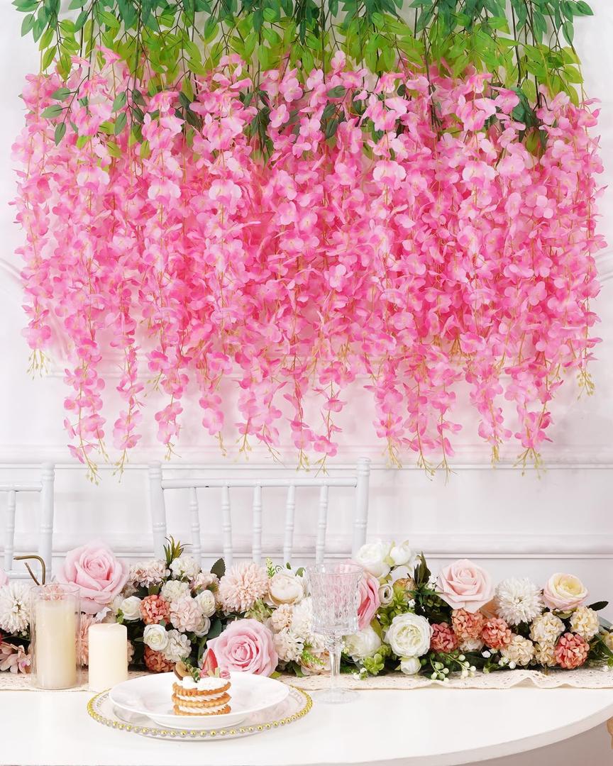 Waipfaru 12 Pack Wisteria Hanging Flowers, 3.6 Feet/Pcs Pink Wisteria Artificial Flowers, Fake Flowers Garland, Hanging Wisteria Vines for Bedroom Wedding Home Party Wall Decoration