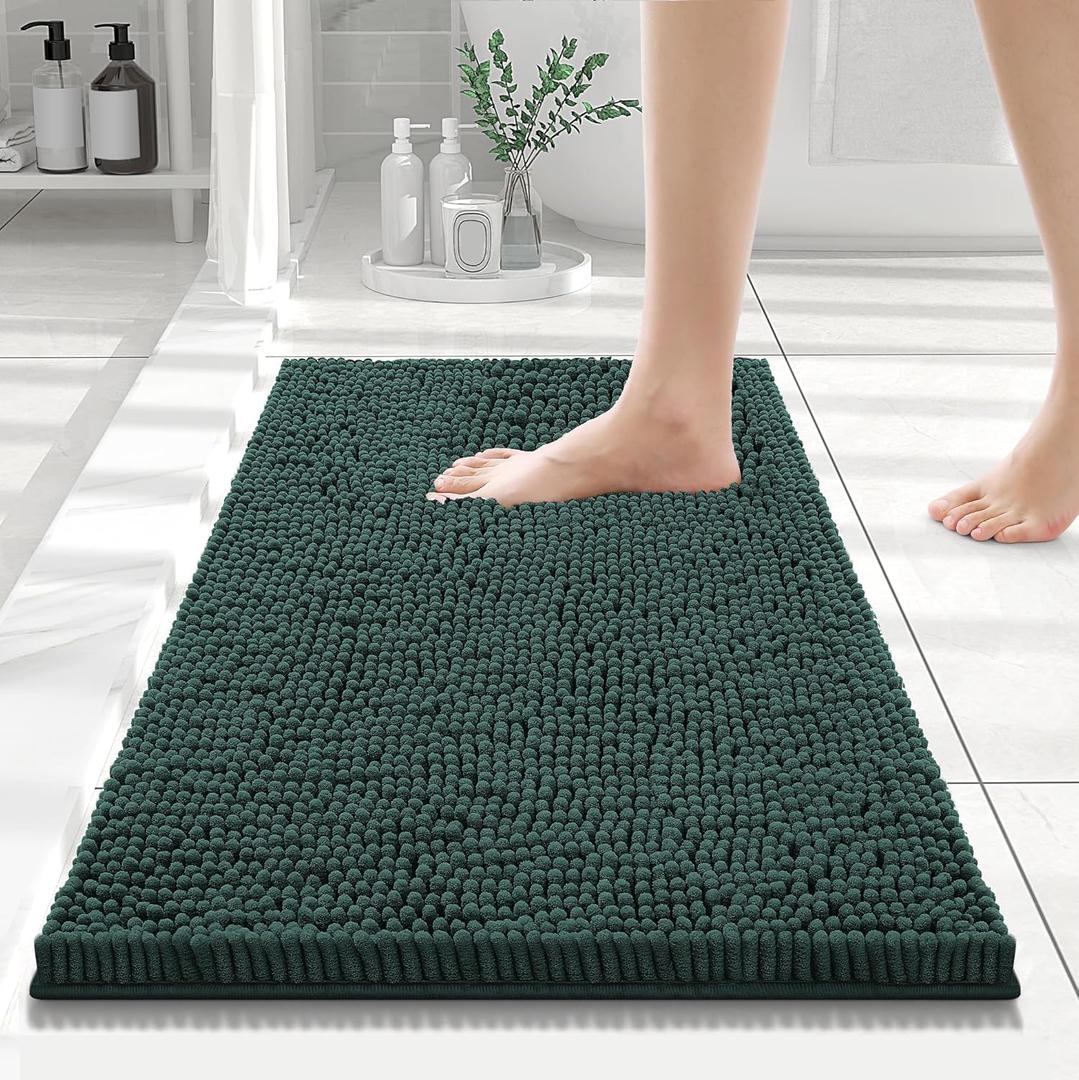 Smiry Luxury Chenille Bathroom Rugs 24"x16", Extra Soft and Absorbent Shaggy Bath Mat, Machine Washable, Non-Slip Plush Carpet Runner for Tub, Shower, and Floor, Home Decor Accessories, Green