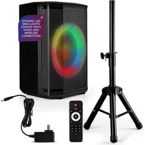 Pyle Portable Bluetooth Speaker with 8" Inch Woofer, TWS Function, Mic Input, USB/Micro SD/FM Radio, Colorful Ring Lights, 120W Rechargeable Battery, Tripod Stand, Hi-Fi Sound, Indoor/Outdoor Use