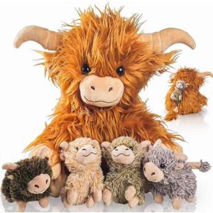5 Pcs Highland Cow Stuffed Animal with Babies Inside, 14" Large Mommy Stuffed Highland Cow Plush Toy with 4 Babies, Cute Scottish Highland Cow Decor Plush Gifts for Kids Boys Girls Birthday Christmas