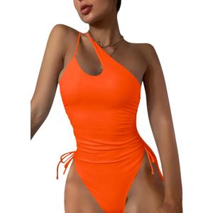 Eomenie Women's One Piece One Shoulder Swimsuit with Drawstring Tummy Control Bathing Suit Sexy High Cut Swim Suits (Neon Orange), XL