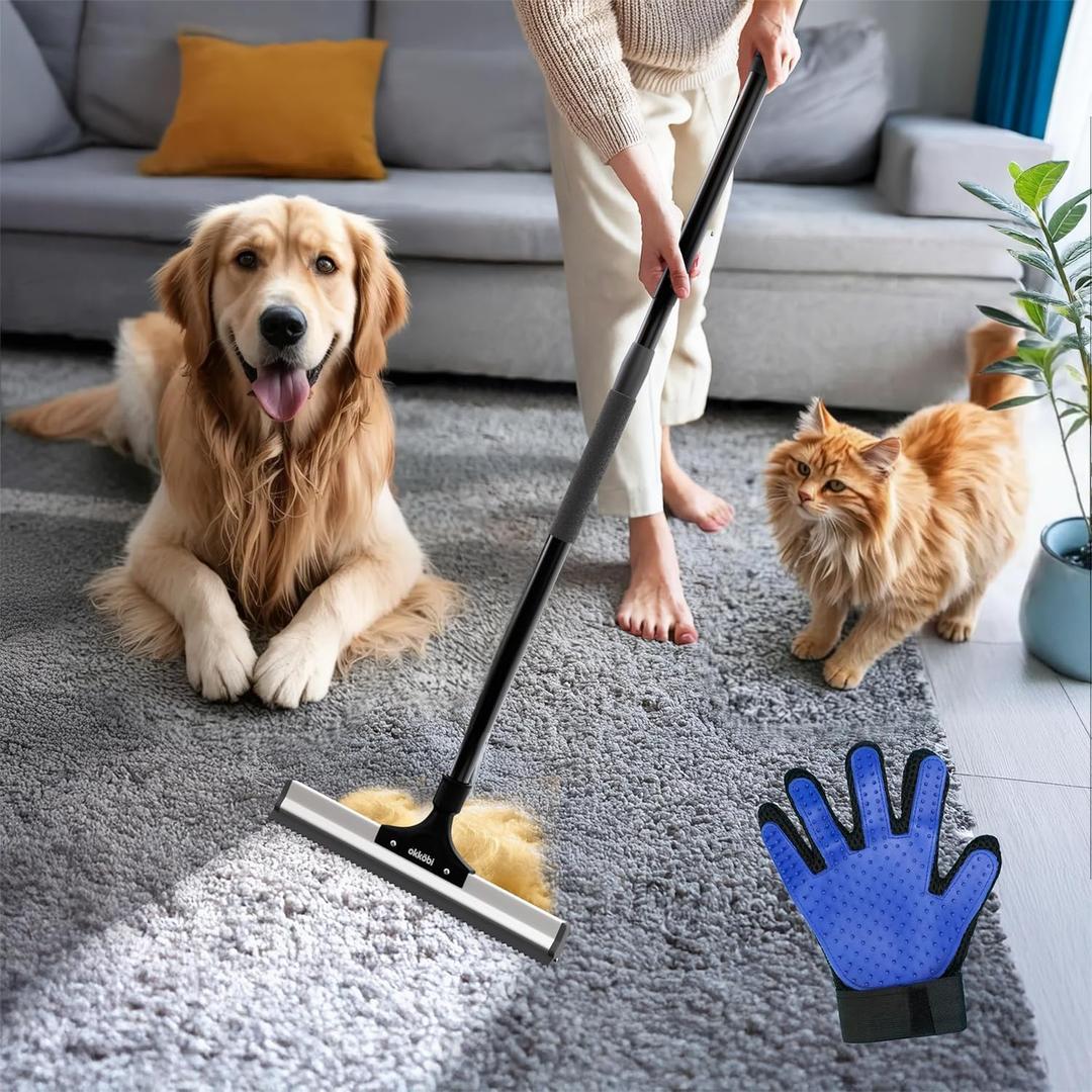 Carpet Rake for Pet Hair Removal  Carpet Scraper  Dog & Cat - Pet Hair Broom for Rugs, Furniture  Adjustable Rug Broom for Pet by Okkbi (Black)