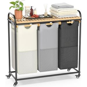 Laundry Hampers 3 Section, Laundry Sorter with Removable Shelf and Pull-Out Bags, Rolling Cart Clothes Hampers Basket with Wheels for Laundry Room Bathroom, 3 x 45 L (Black Beige Gray)
