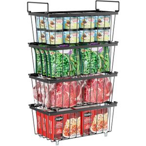 iSPECLE Freezer Organizer Bins, 4 Pack Deep Freezer Baskets for 5 to 7 Cu.Ft, Stackable Wire Chest Freezer Organizer Bins for Small Food, Strong Metal with Handles for Meat and Veggies, Black