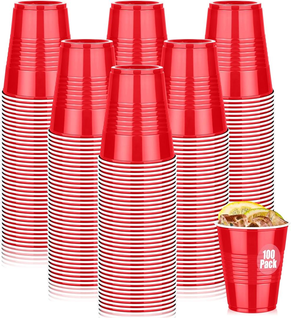 Dualshine 100 Pack Red Plastic Cups 12 oz, Disposable Cups for Party, Heavy Duty Drinking Cup, Christmas Shot Cups for Wedding Birthday Beer Taste Serving Snack Sample Tastings Barbecues