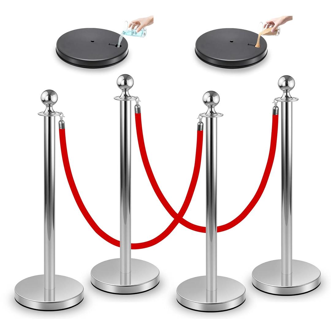 Stanchions with Velvet Ropes Set, 5 ft Velvet Ropes and Posts, Stainless Steel Barriers for Crowd Control Barriers, Party Supplies, Exhibition (Silvery-4pcs)