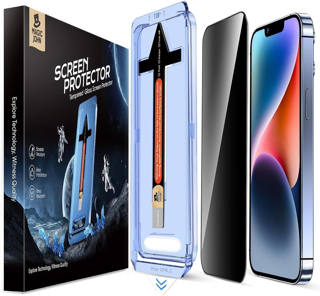 MAGIC JOHN 2 Pack for iPhone 13/13Pro/14/16e 6.1 inch Privacy Glass Screen Protector, Auto Dust-Elimination, Bubble Free, Easy Installation