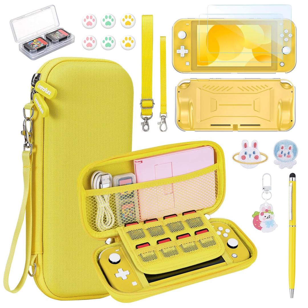 innoAura Switch Lite Case 18-in-1 Accessories Bundle for NS Switch Lite (2019), with Protective Carrying Case, Game Holder, Screen Protector & Cute Thumb Grips, Yellow