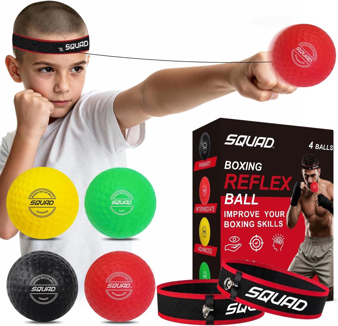 SQUAD Boxing Reflex Ball Set - 4-Level Reaction Balls + Adjustable Headband - Train Speed, Timing & Hand-Eye Coordination - Safe Fun for Kids & Adults - Boxing/MMA/Krav MAGA Home Workout Gift