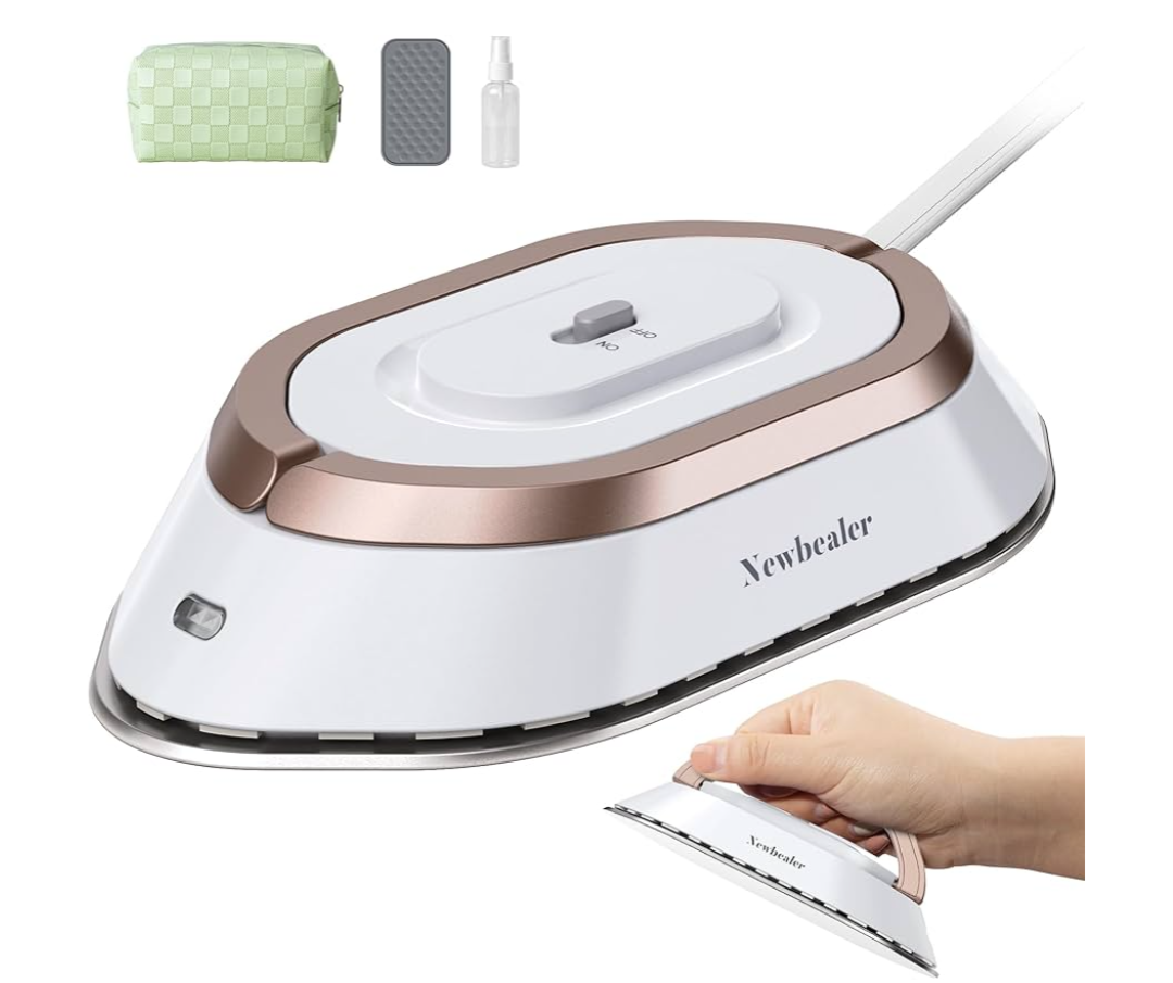 Newbealer Travel Iron with Dual Voltage - 120V/220V Lightweight Dry Iron for Clothes (No Steam), Non-Stick Ceramic Soleplate, 302℉ Heat Press Machine, w/Spray Bottle, Pouch & Silicone Stand (White)