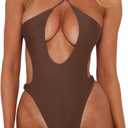 HYPERFIRE Women's Sexy Criss Cross Halter Bathing Suit Cut Out Backless Monokini Swimsuits One Piece (Medium, Ribbed Brown)