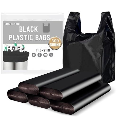 LimonLaviu Plastic Bags Black, (11.5'x 6.5" x 21')(300Pack) with Handles - Shopping & Grocery Bags for Small Business & Restaurants in Bulk