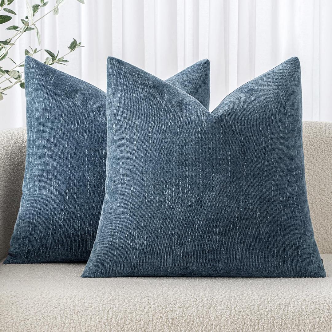 Pack of 2 Decorative Throw Pillow Covers Soft Chenille Throw Pillows Solid Textured Cushion Covers for Couch Sofa Bedroom Living Room 20x20 Inch, Smoke Blue