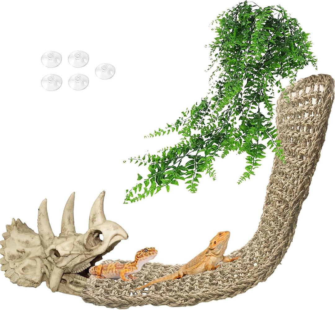 Tfwadmx Large Reptile Dinosaur Skull Decor, Bearded Dragon Tank Accessories, Lizard Hammock Hanging Plant Decor, Tank Decor for Bearded Dragons, Lizards, Chameleons, Geckos, Snakes(3Pcs)