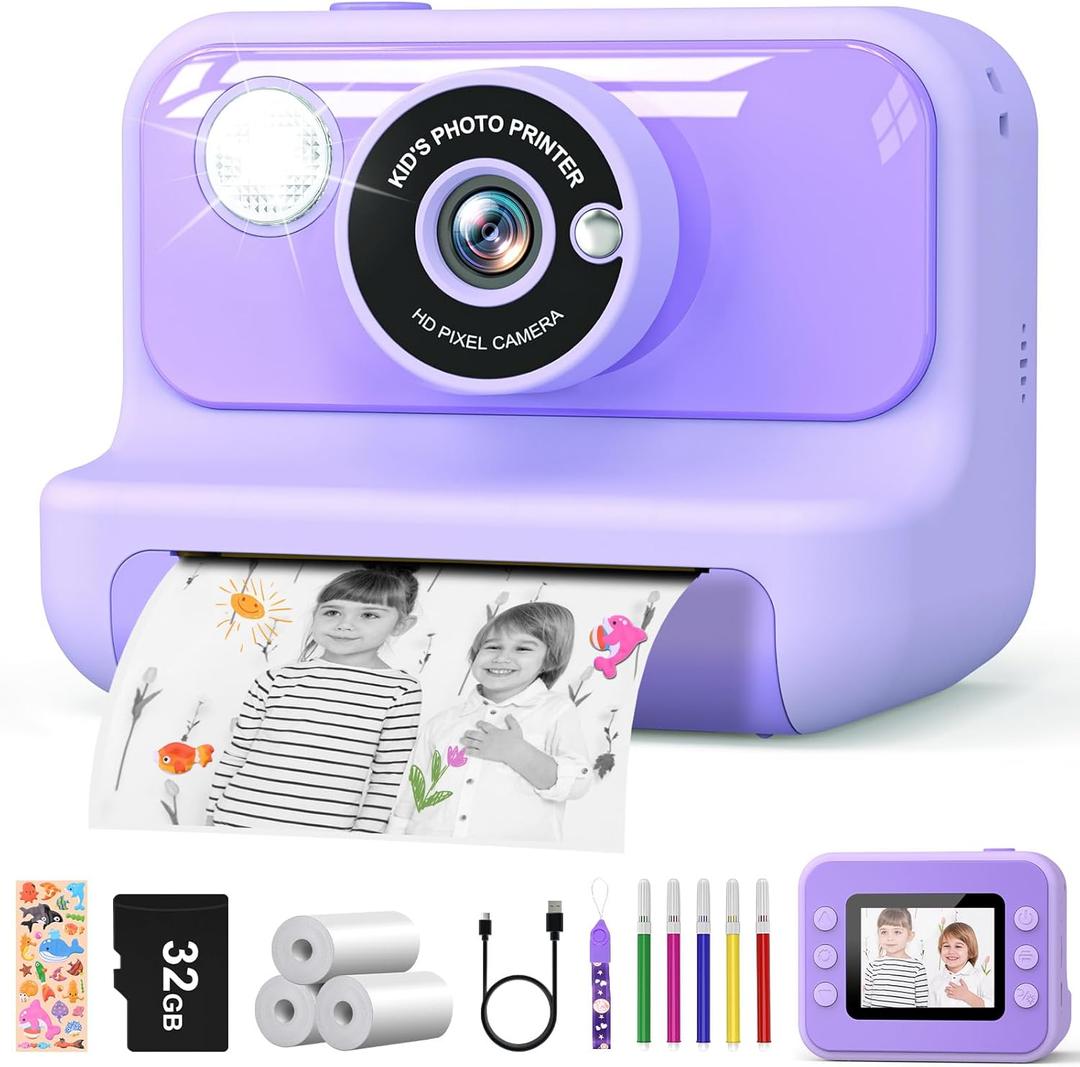 Kids Camera Instant Print, Christmas Birthday Gifts for Girls and Boys, 1080P HD Video Digital Kids Camera with 32G Card, Toddler Camera for 3-12 Years Old, Purple