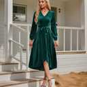 Women's Velvet V Neck Puff Sleeve Dress for Wedding Guest Cocktail Elegant Bodycon Party Midi Dress (Green)