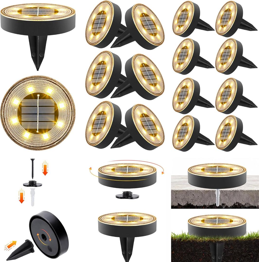Joomer 16 Pack Solar Ground Lights, 2-in-1 Solar Lights Outdoor Waterproof Solar Powered Disc Light Landscape Garden Lighting Light for Patio Pathway Lawn Yard Driveway Walkway Deck Step(Warm White)