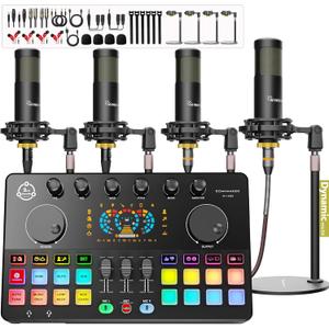 Podcast Equipment Bundle for 4, Audio Interface with 4 Dynamic Microphone, 4 Desktop Mic Stands, Voice Change, DJ Mixer for Vocal Recording Podcasting,Streaming,Singing TikTok, COMMANDER M100 3rd