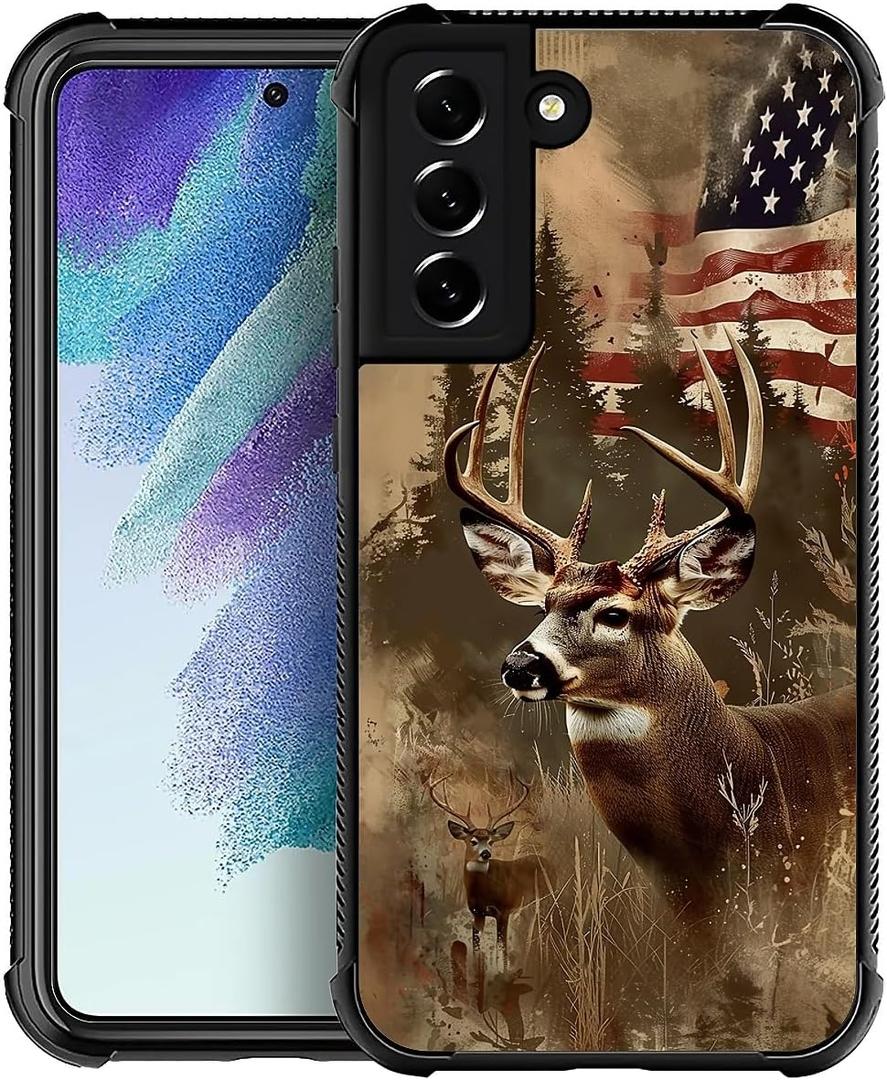 Phone Case Compatible with Samsung Galaxy S22 Plus- Wireless Charging Compatible,HH Hunting Deer Forest USA Flag TPU Bumper and Hard PC Pattern Back Case