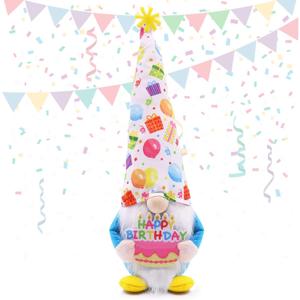 Happy Birthday Gnome Plush Holding Cake, 13 Inch Handmade Gnome for Birthday Party Decorations, Cute Tiered Tray Decor, Gift for Women Men Mom Grandma