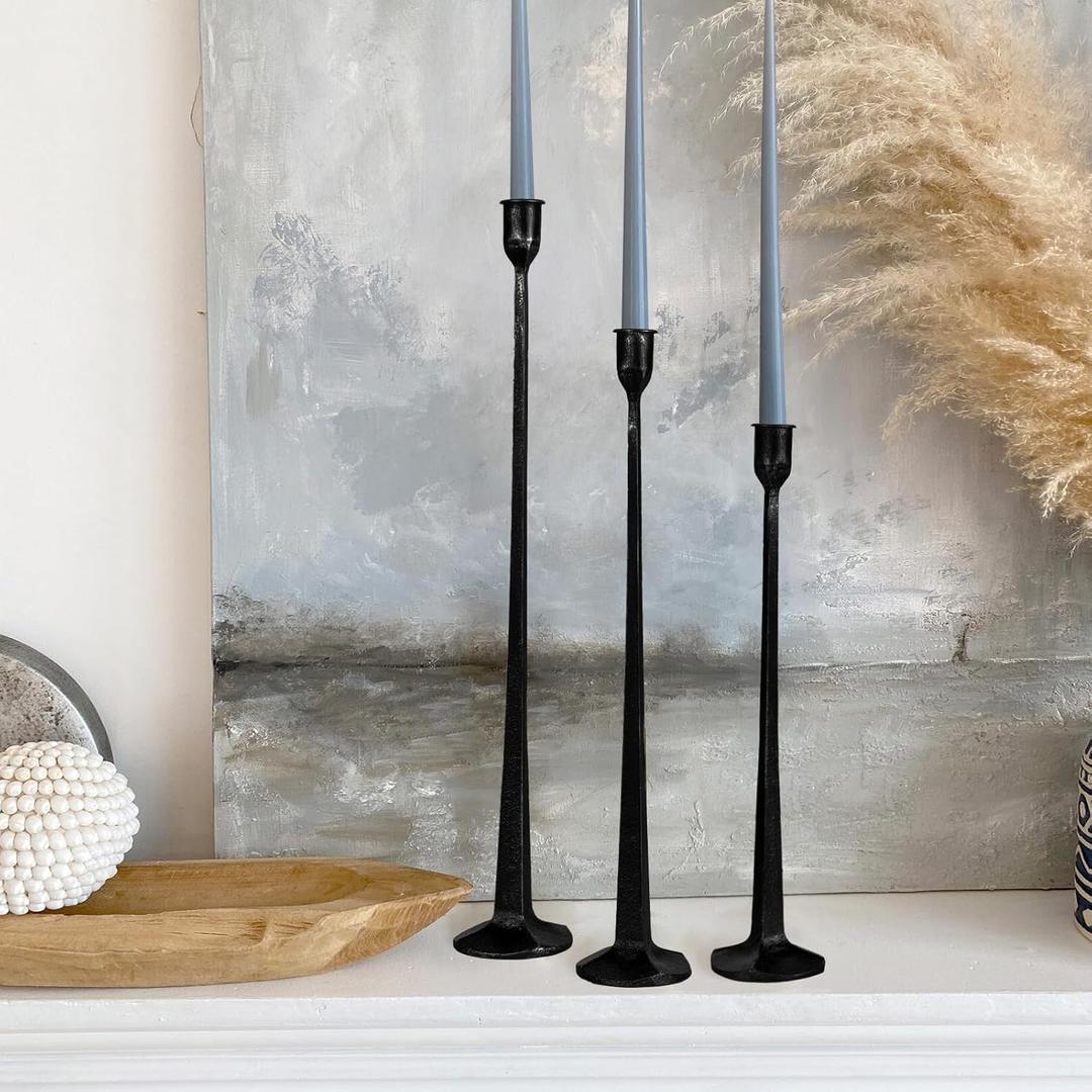 Rustic Iron Taper Candle Holder Set - 14, 17, 19 High Decorative Candle Stand for Weddings, Dinners, Parties - 3-Piece Candlestick Holder Collection
