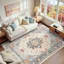 RELEANY Area Rugs' Washable Non-Slip, Floral Vintage Distress Print Pattern Medallion Carpet for Living Room Bedroom Dining Room, Beige Navy Blue Orange Colorful, 6' x 9' Rectangular