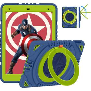 XZC iPad 9th/ 8th/ 7th Generation Case (iPad 10.2 Case 2021/2020/2019) Heavy Duty Shockproof Rugged Cover with Rotating Stand/Pencil Holder/Carrying Shoulder Strap (Blue and Green)