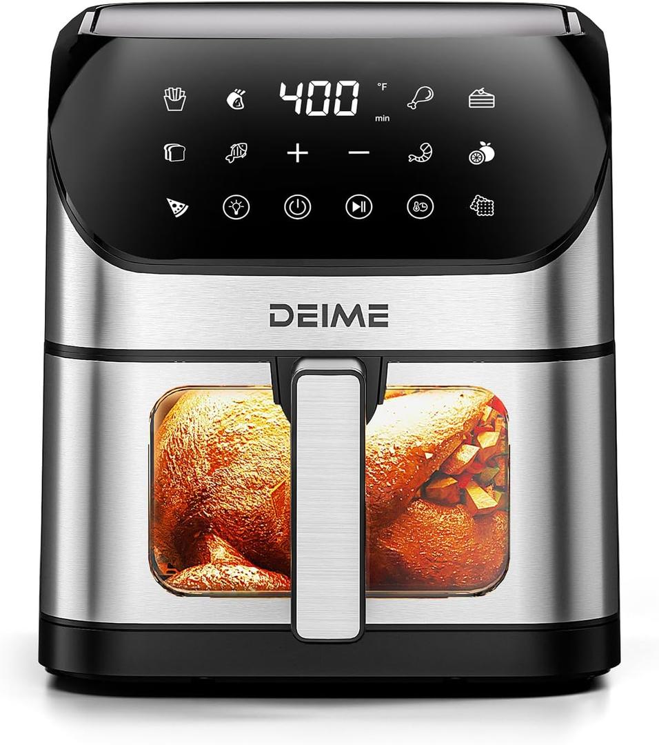 DEIME Air Fryer 6.2 QT Oilless Oven Large AirFryer Healthy Cooker with 10 1-Touch Preset, Visible Cooking Window, Non-Stick Basket & Dishwasher Safe (Silver-wB L)