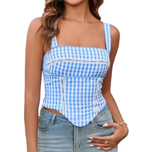 KUTUMAI 2025 Summer Gingham Bustier Sexy Square Neck Sleeveless Tank Top Going Out Corset Top for Women (Small, Bluegrid)