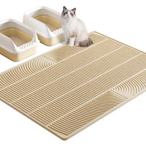 TRZZ XXL Extra Large Cat Litter Mat, Silicone Litter Box Mat for Floor, Waterproof & Non-Slip, Easy to Clean, Cat Litter Trapping Mat & Kitty Litter Catcher for Scatter Control (Khaki) 