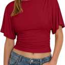 Cicy Bell Womens Summer Wrap Tops Casual Short Sleeve Tie Back Cinched Waist T Shirts Trendy Boat Neck Blouse (Red, XL)