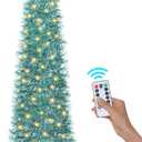 6 FT Pop Up Christmas Tree with 100 LED Timer Lights & Remote, Purple Collapsible Christmas Tinsel Tree Artificial Pencil Tree Xmas Decoration for Holiday Home Office Party, USB Powered